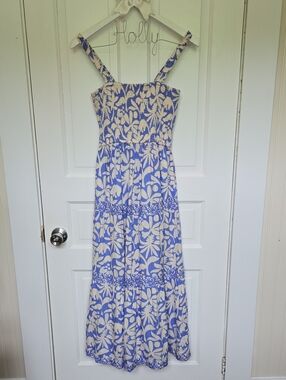 Marine Layer Blue and White Tropical Smocked Maxi Dress